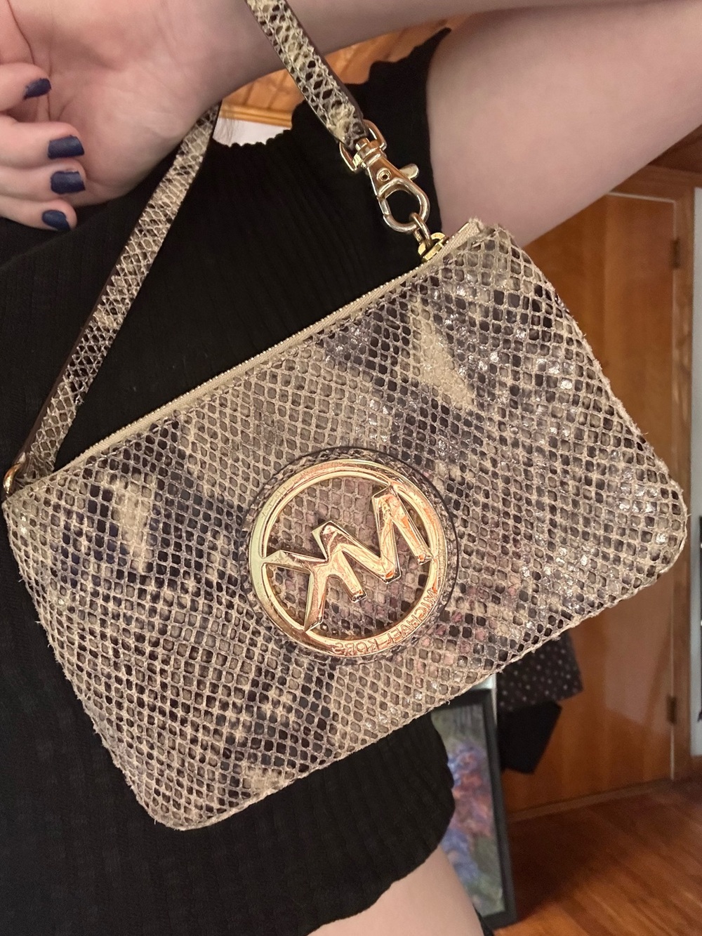 Michael Kors Olive Snake-Print Wristlet with Gold MK Logo
